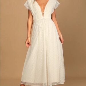 Yours Evermore Cream Swiss Dot Ruffled Midi Dress | Lulus